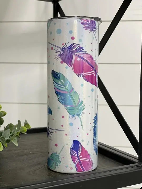 PREORDER: Water Color Feathers 20oz Shimmer Skinny Tumbler