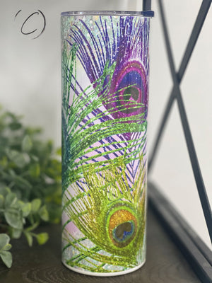 PREORDER: Glitter Peacock Feathers 20oz Skinny Tumbler