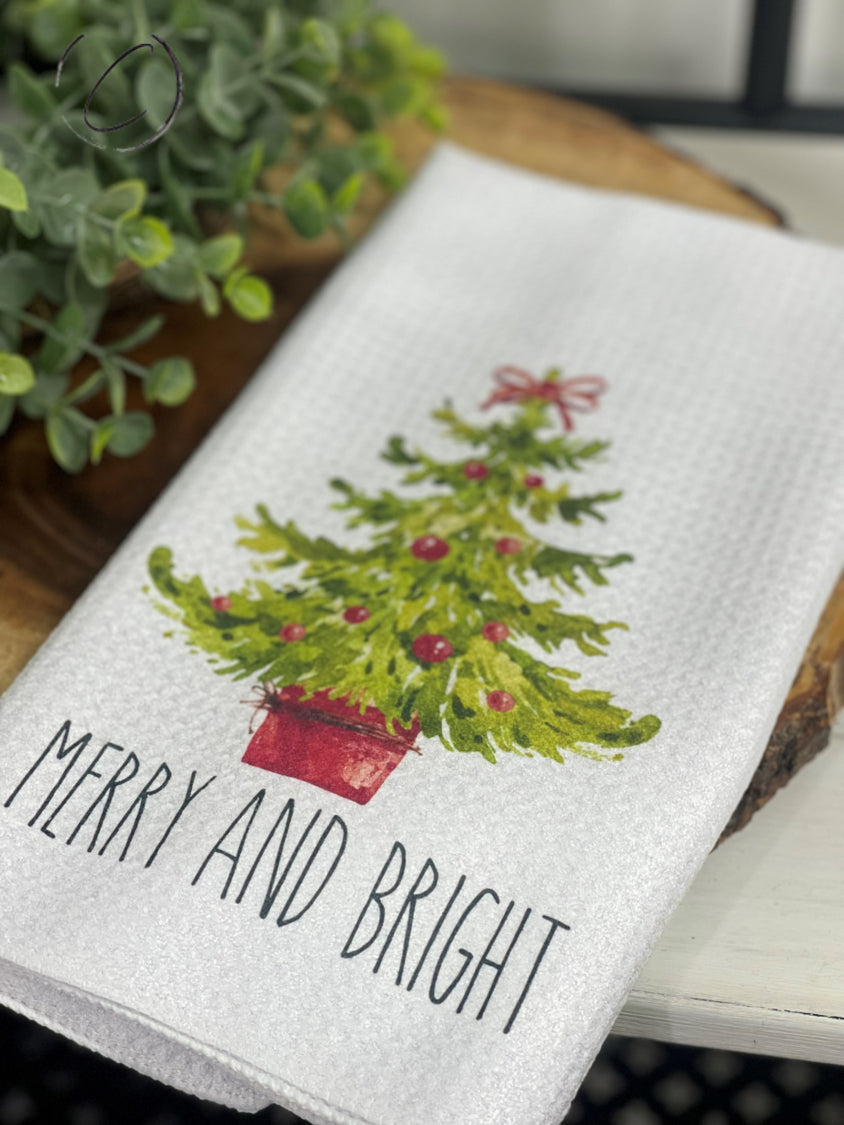 PREORDER: Merry And Bright Holiday Tree Waffle Weave Tea Towel