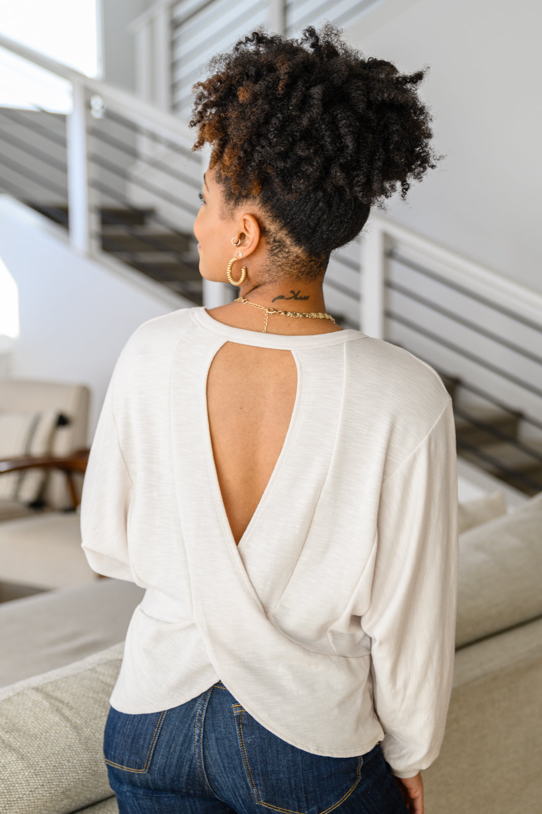 Brianne Long Sleeve Open Back Top In Ivory