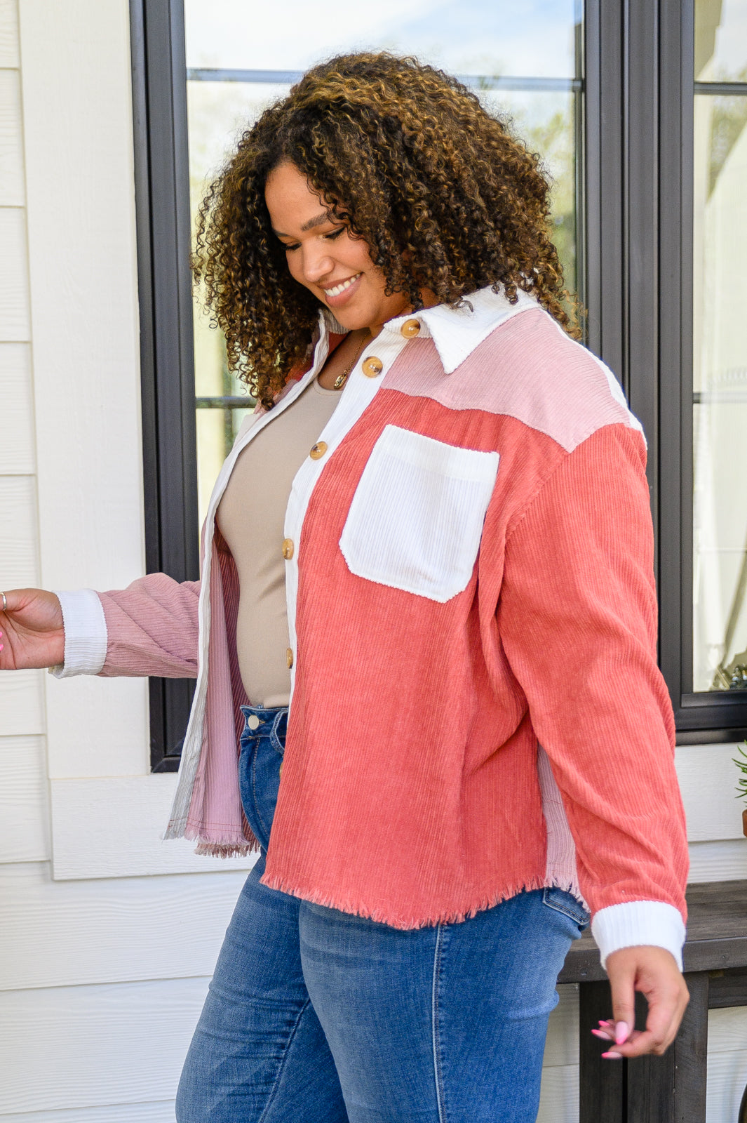 Draw You In Corduroy Color Blocked Shacket In Mauve
