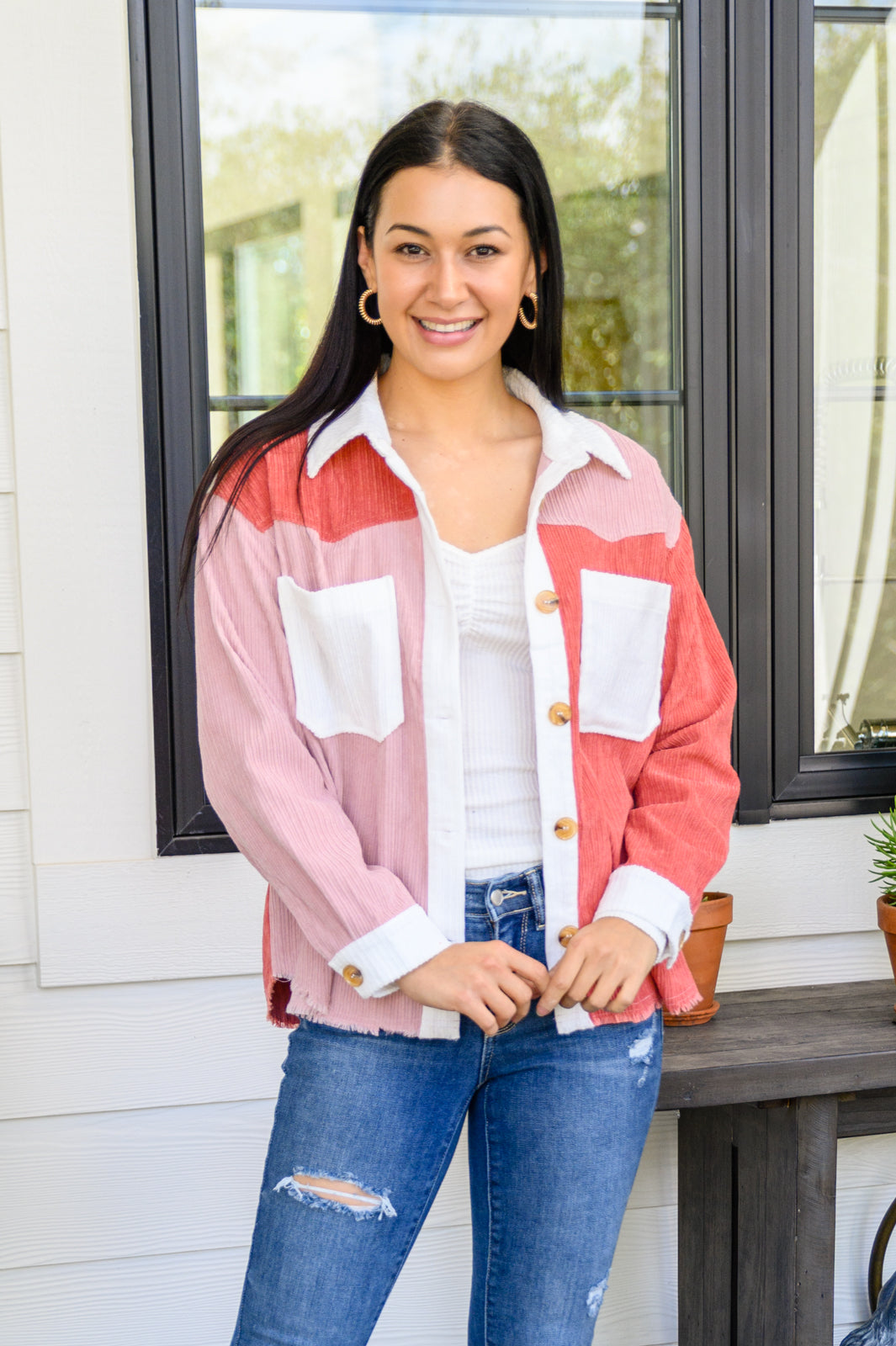 Draw You In Corduroy Color Blocked Shacket In Mauve