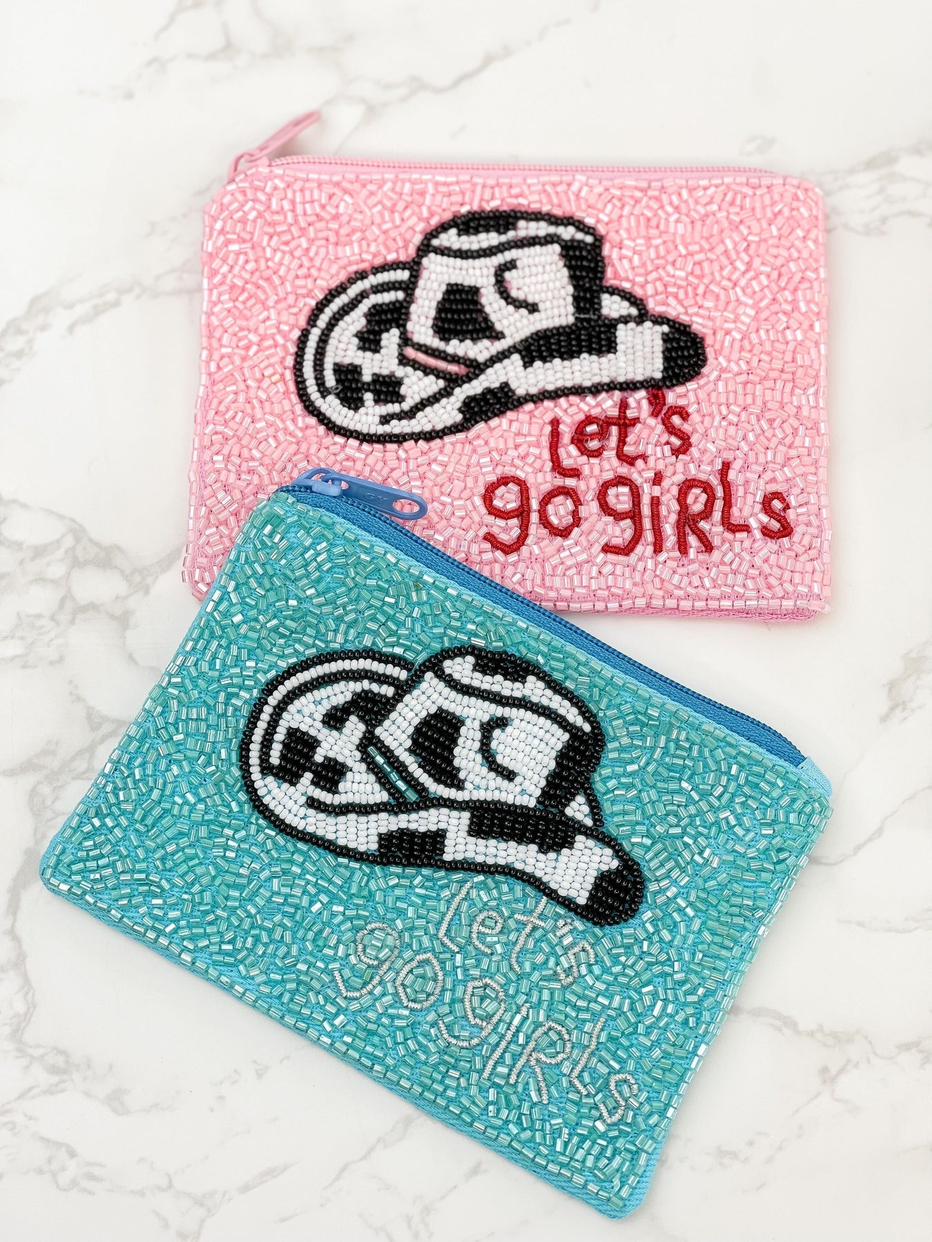 "Lets go Girls" Rodeo Hat Beaded Zip Pouch in Blue