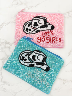 "Lets go Girls" Rodeo Hat Beaded Zip Pouch in Blue