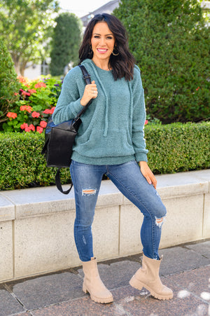 In This Together Fuzzy Knit Hoodie In Teal