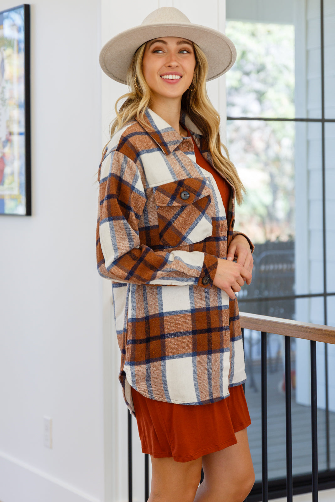 Jayne Brushed Plaid Button Down Shacket In Brown