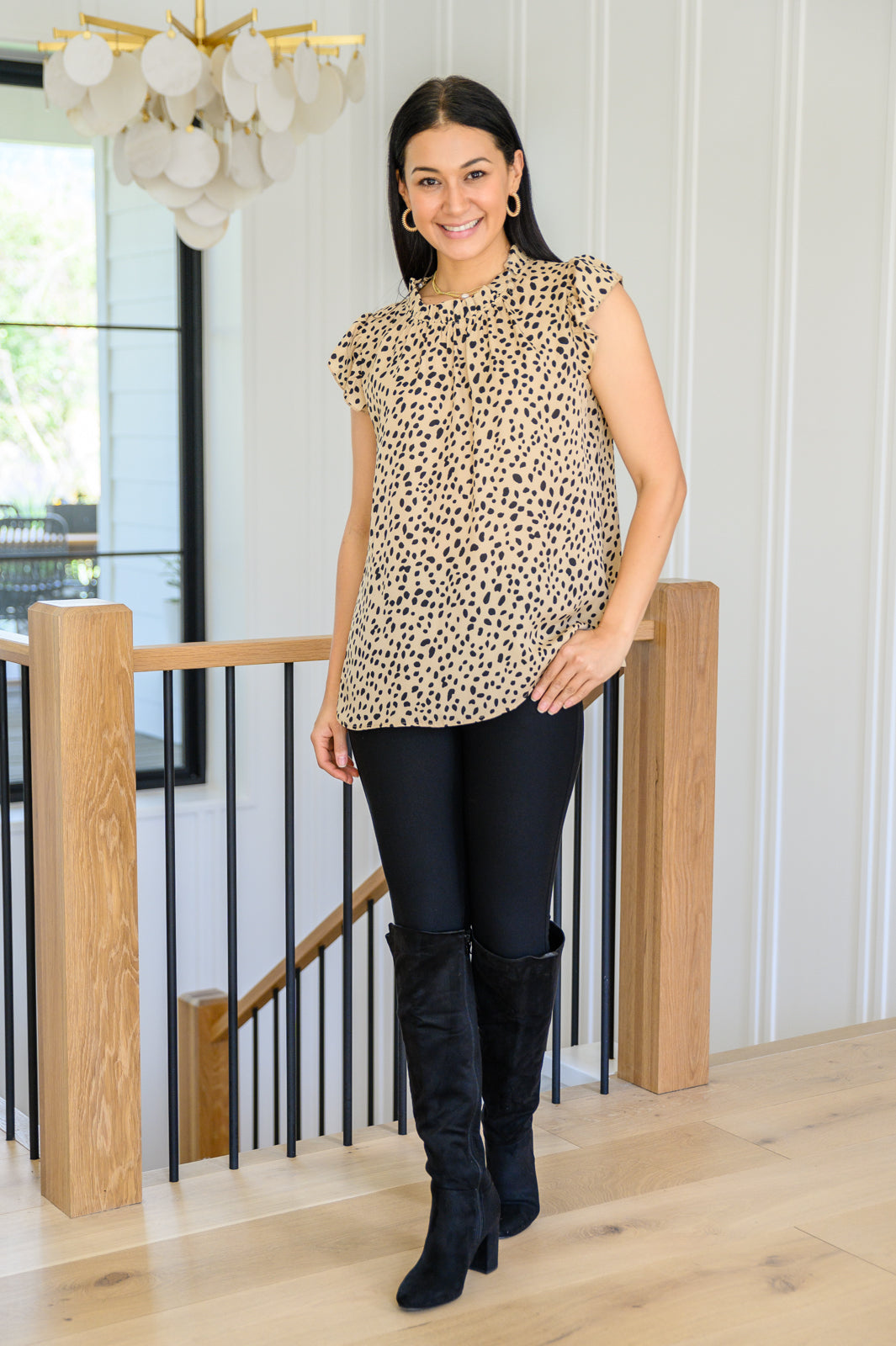 Kristen High Neck Flowy Dotted Blouse In Taupe