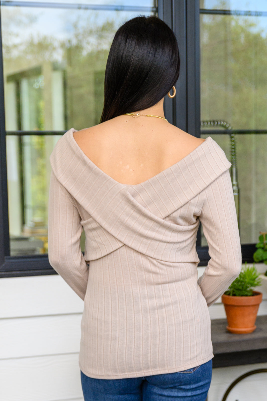 Need You Here Faux Wrap Ribbed Top In Latte