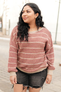 Ribbed and Striped Sweater in Mauve