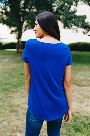 Contrasting Criss Cross Tee In Royal + Gray