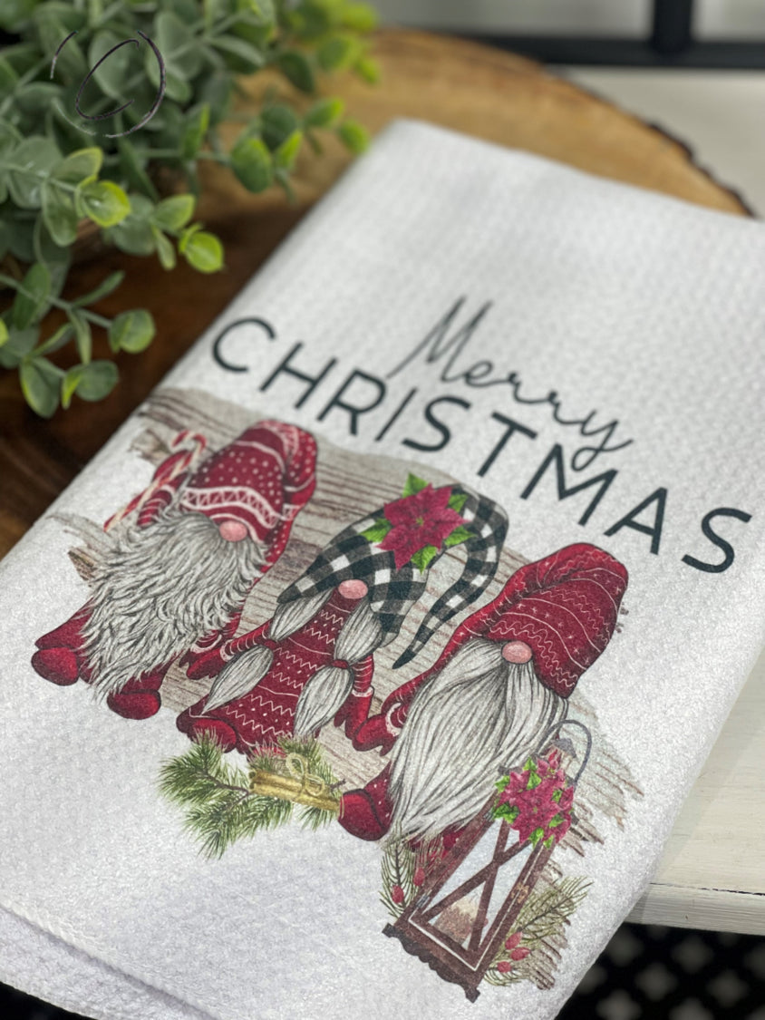 PREORDER: Merry Christmas Gnomes Waffle Weave Tea Towel